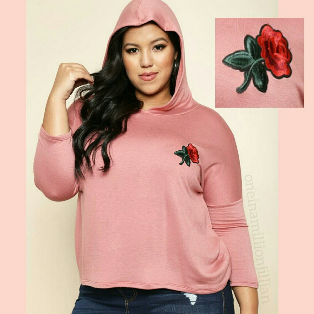 Plus Size Rose Applique Hoodie Top - Mauve